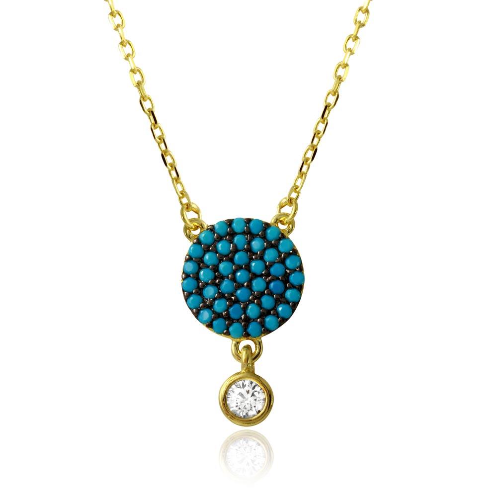 Gold Plated 925 Sterling Silver Circle Turquoise Bead Necklace with Dangling Round CZ - BGP01207 SPI
