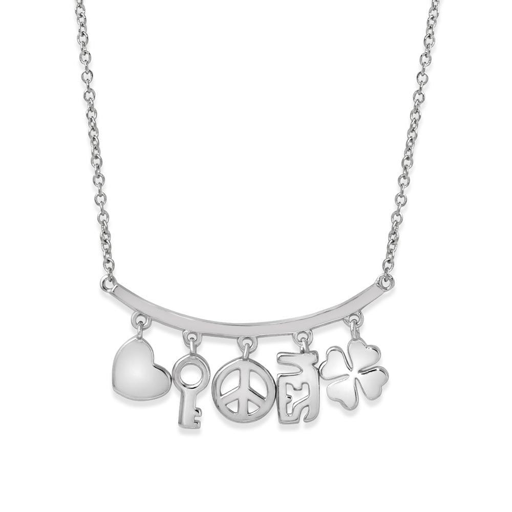 Rhodium Plated 925 Sterling Silver Slanted Line Bar Necklace with Dangling Charms - BGP01209 SPI