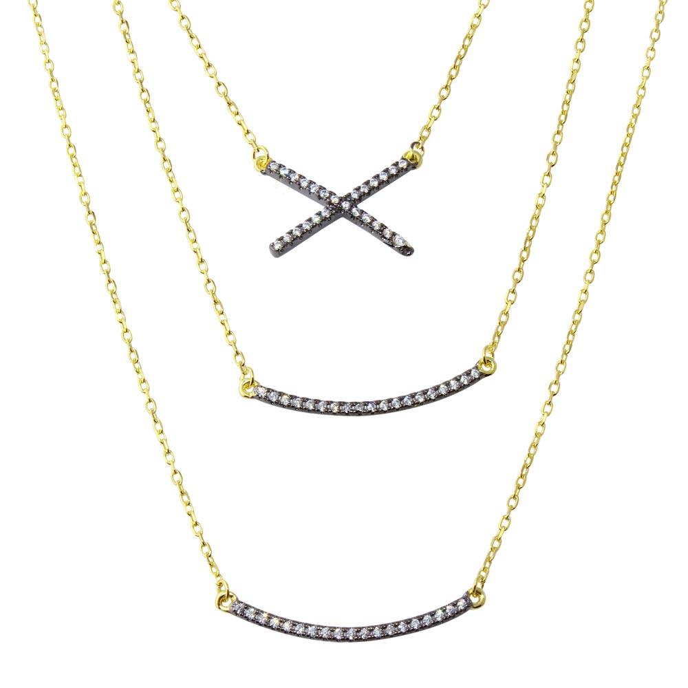 Gold Plated 925 Sterling Silver Triple Strand Necklace with CZ Curved Bar and CZ X - BGP01213 SPI