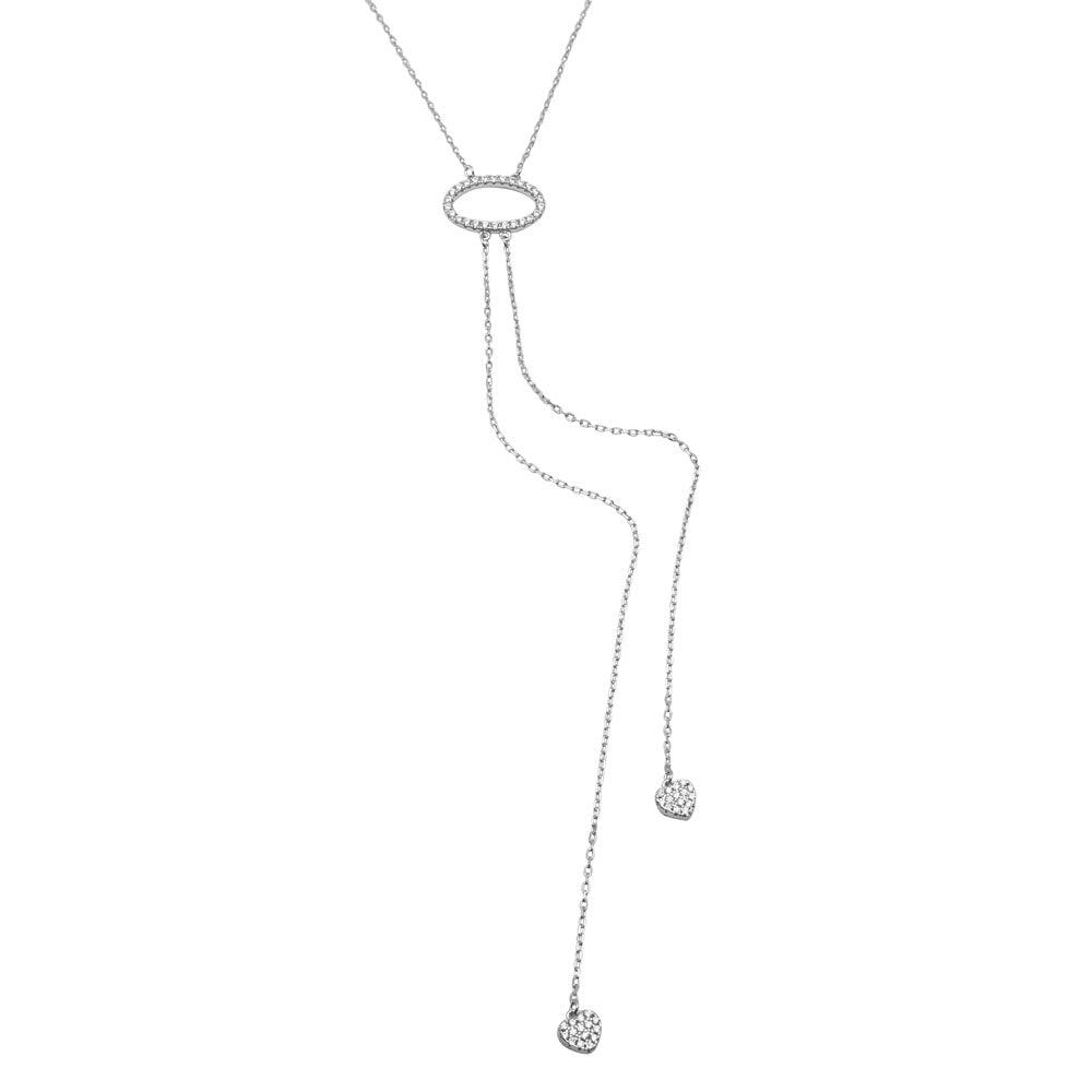 Rhodium Plated 925 Sterling Silver Open Oval Necklace with 2 Dropped CZ Hearts - BGP01215 SPI