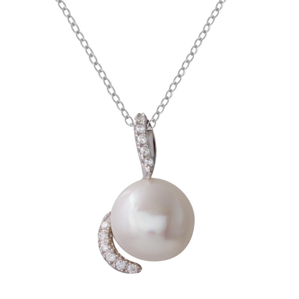 Rhodium Plated 925 Sterling Silver Fresh Water Pearl Necklace with Hooked CZ - BGP01220 SPI