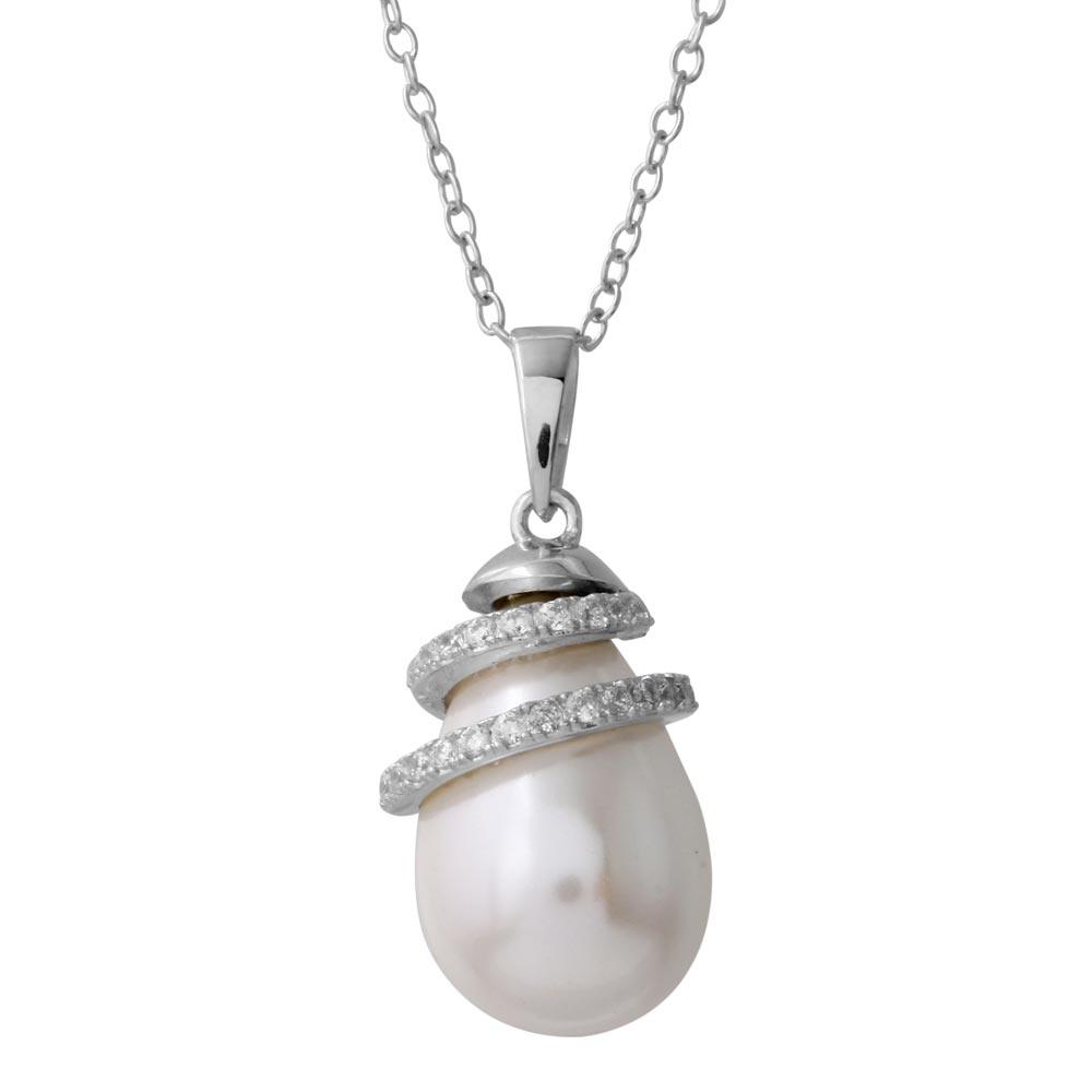 Rhodium Plated 925 Sterling Silver Fresh Water Pearl Necklace with Wrapped CZ - BGP01221 SPI