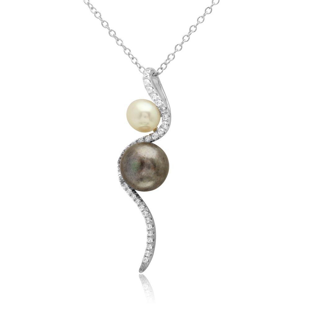 Rhodium Plated 925 Sterling Silver Fresh Water Pearl with Slanted CZ Design Necklace - BGP01222 SPI