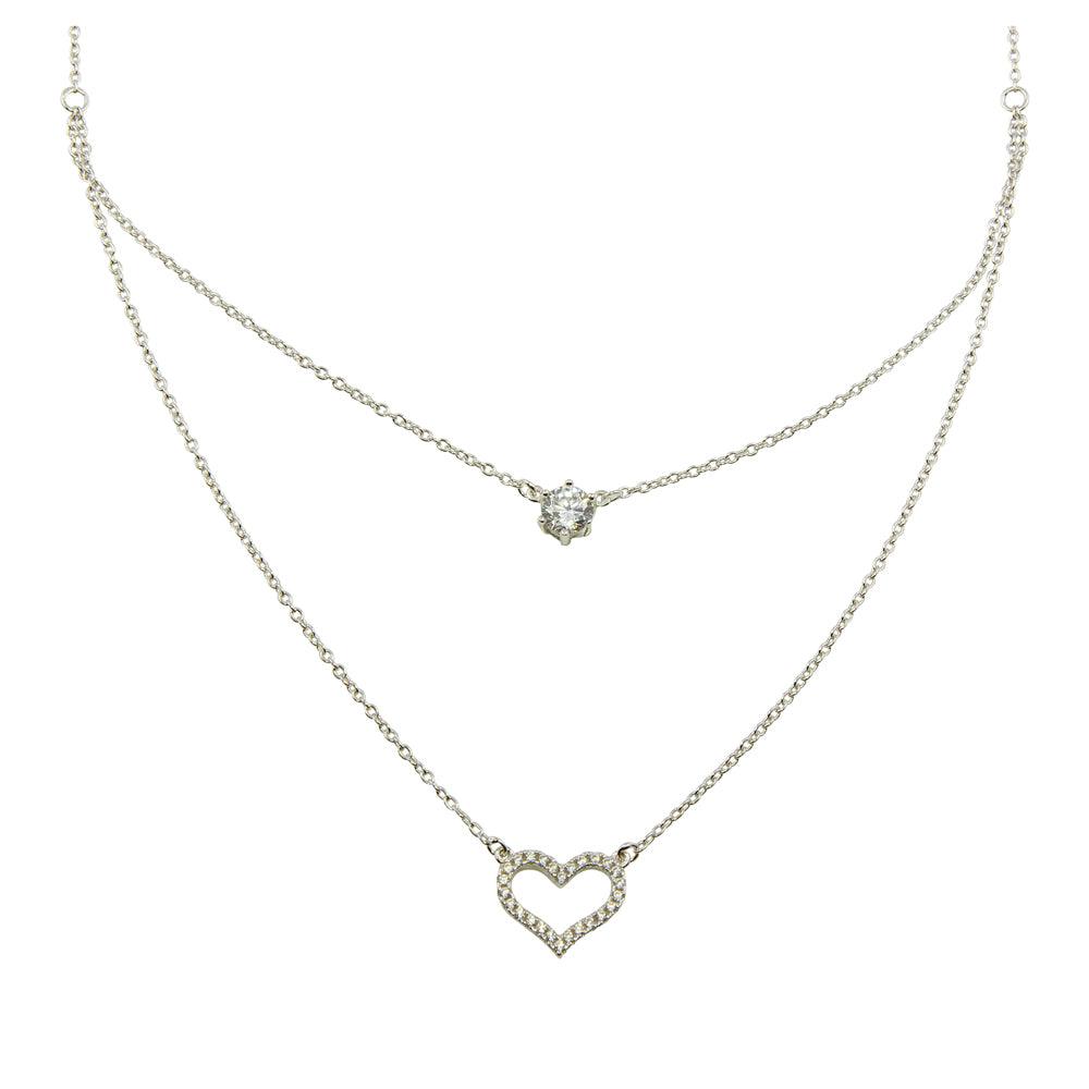 Rhodium Plated 925 Sterling Silver Double Chain Heart Necklace with CZ - BGP01224 SPI