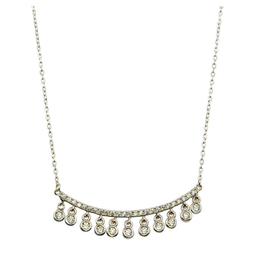 Rhodium Plated 925 Sterling Silver Curved Bar Necklace with Dangling CZ Stones - BGP01225 SPI