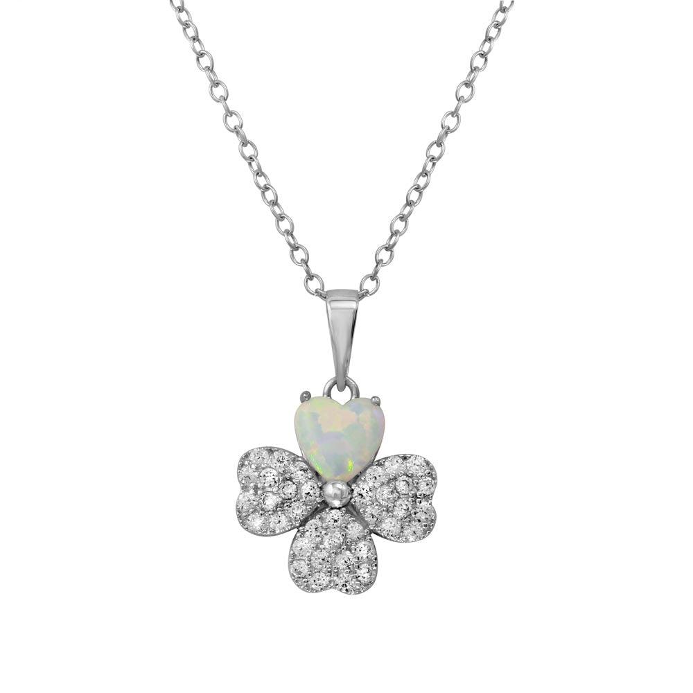 Rhodium Plated 925 Sterling Silver Clover CZ and Synthetic Opal Leaf Necklace - BGP01228 SPI