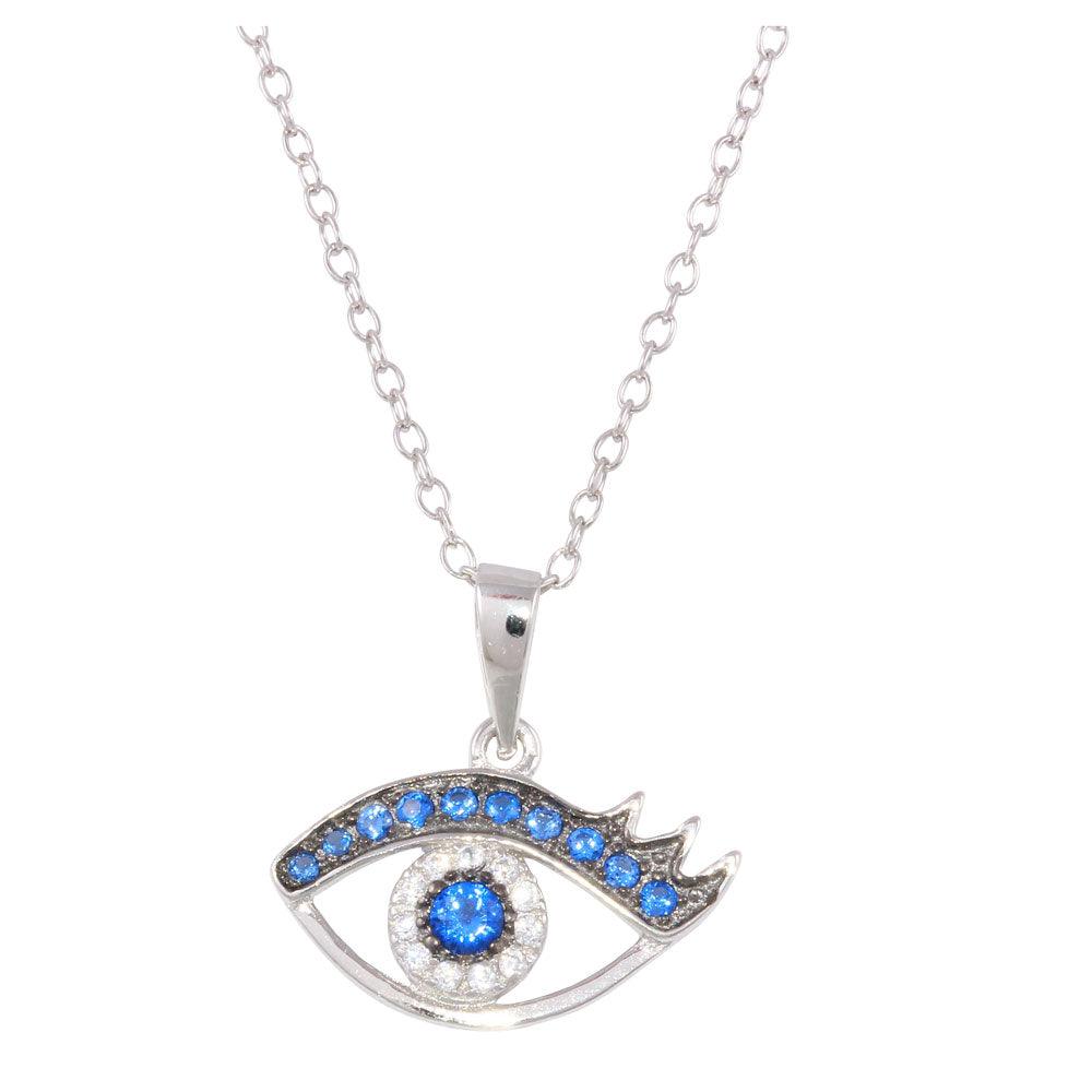 Rhodium Plated 925 Sterling Silver Small Evil Eye Pendant Necklace with Clear and Blue CZ - BGP01230 SPI