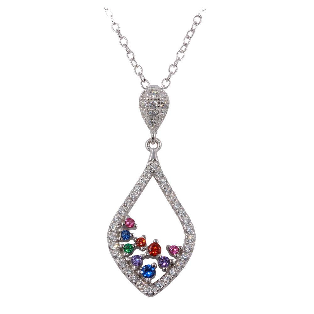 Rhodium Plated 925 Sterling Silver Droplet Necklace with Clear and Multi Colored CZ - BGP01233 SPI