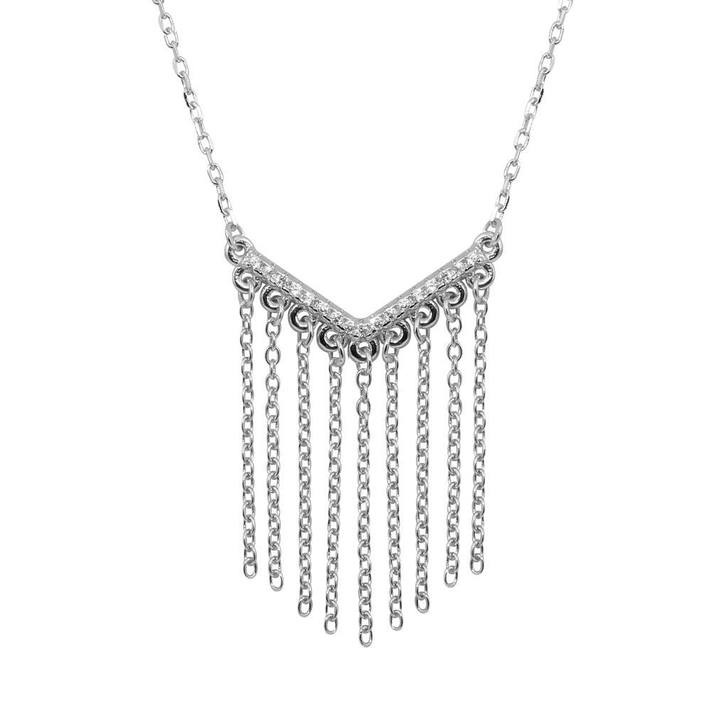 Rhodium Plated 925 Sterling SilverPlated V with Drops CZ Necklace - BGP01236 SPI