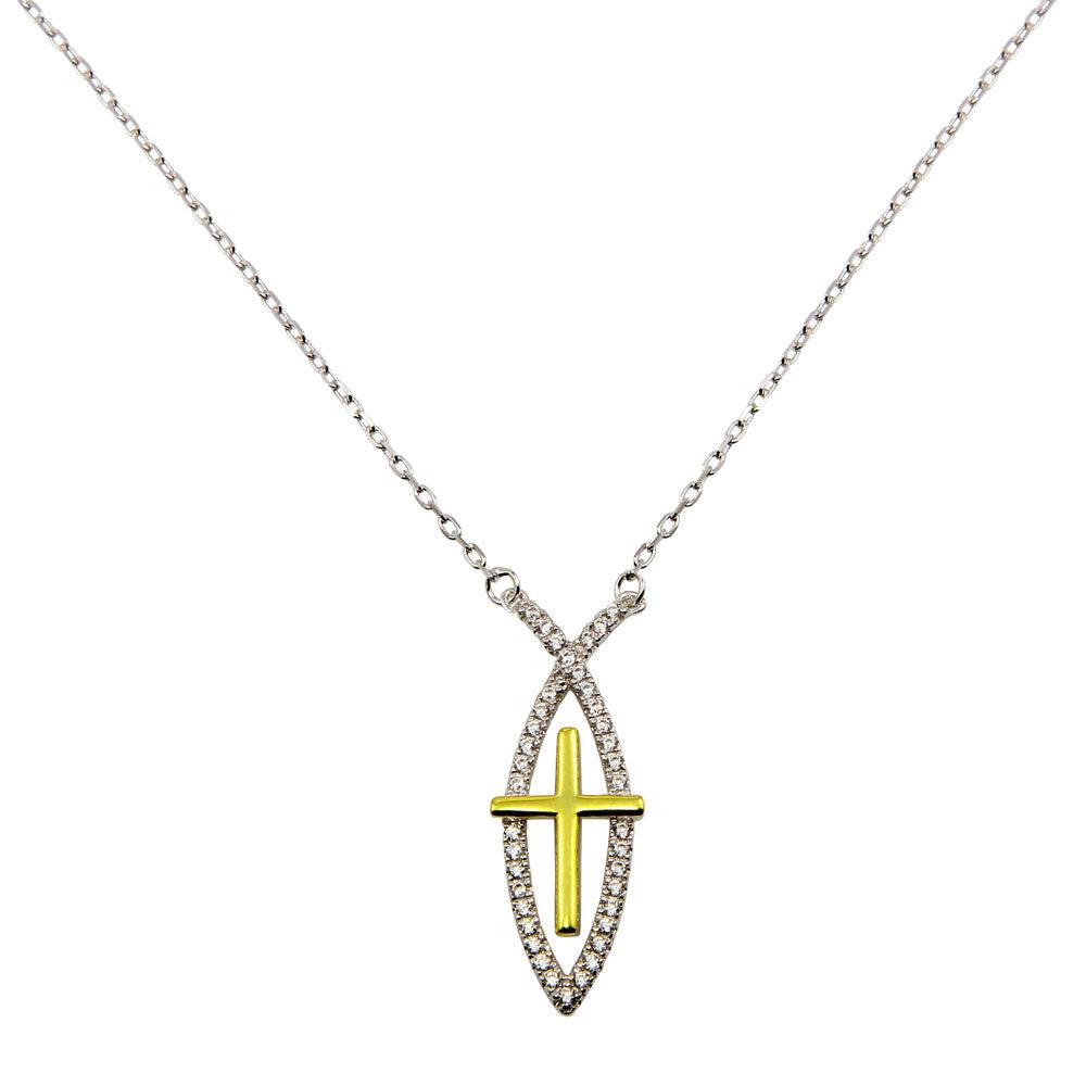 Rhodium Plated 925 Sterling Silver CZ Fish Sign with Gold Plated Cross Necklace - BGP01242 SPI