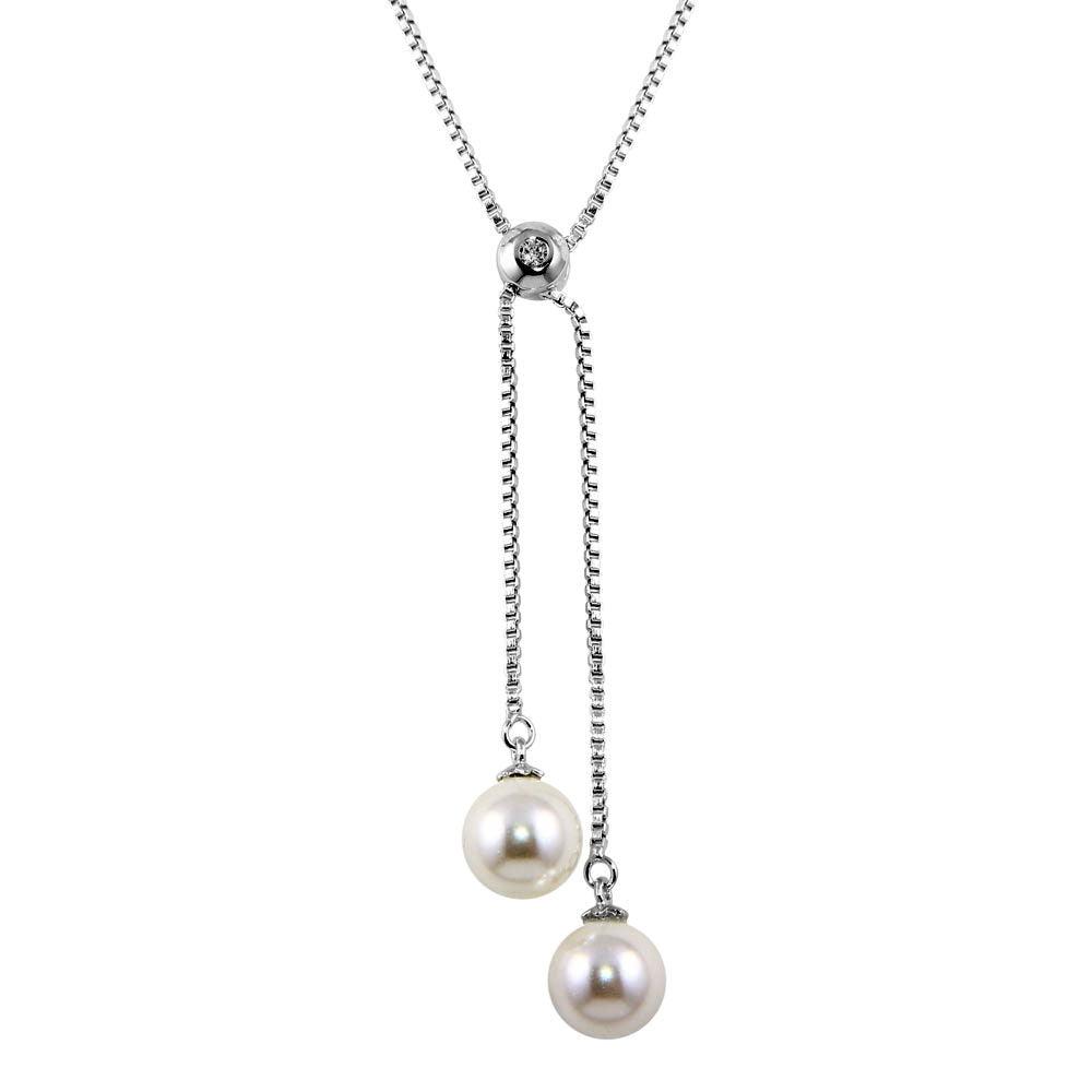 Rhodium Plated 925 Sterling Silver Box Drop Synthetic Pearl Necklace - BGP01243 SPI