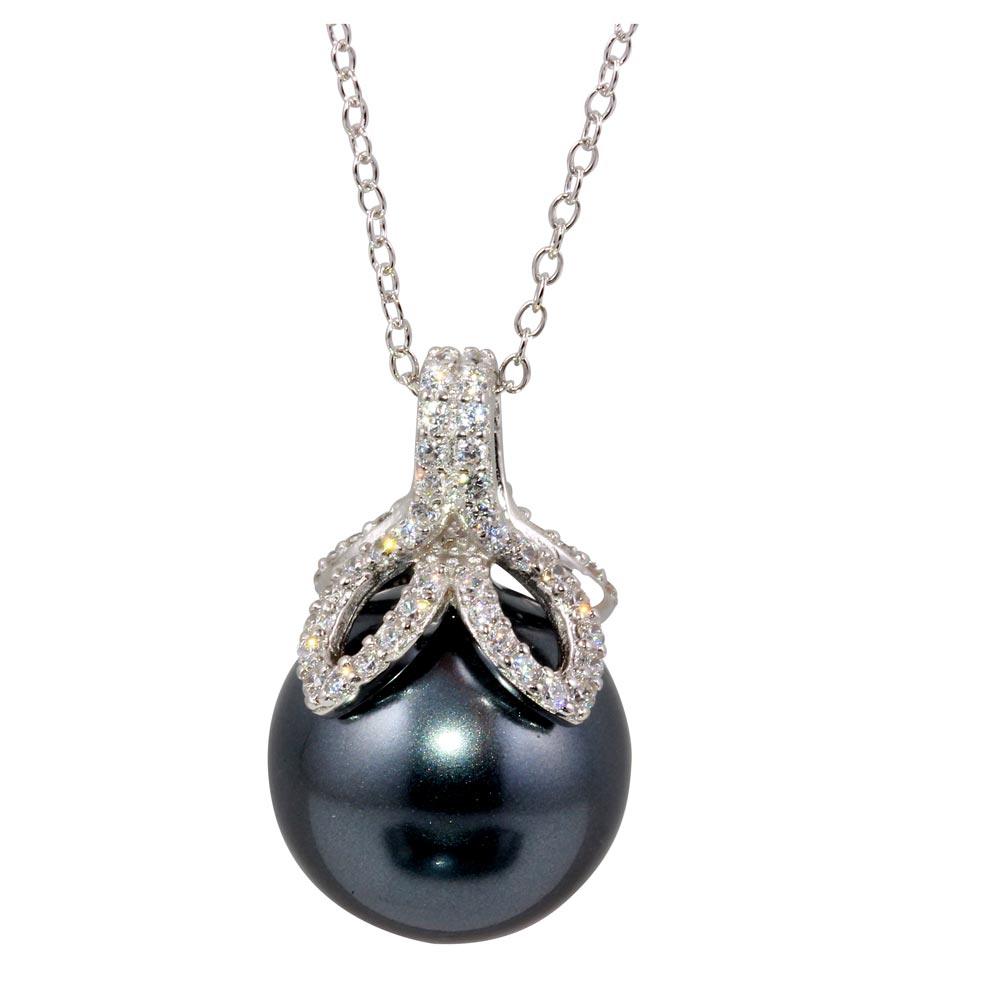 Rhodium Plated 925 Sterling Silver Grey Pearl Pendant Necklace with CZ - BGP01245 SPI