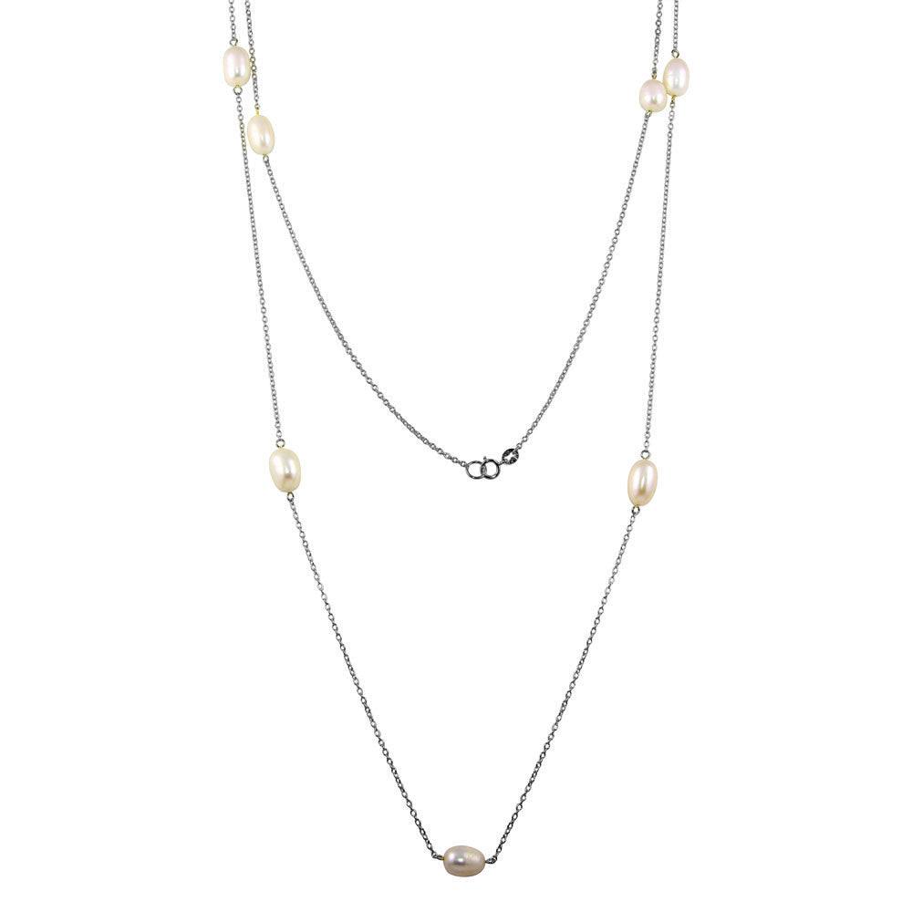 Rhodium Plated 925 Sterling Silver Fresh Water Pearls Necklace - BGP01249-RHD SPI