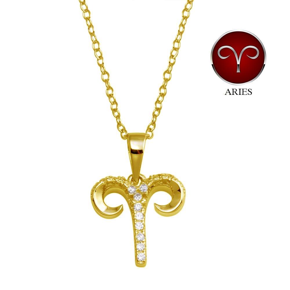 Gold Plated 925 Sterling Silver Aries CZ Zodiac Sign Necklace - BGP01333GP SPI