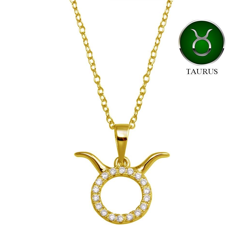 Gold Plated 925 Sterling Silver Taurus CZ Zodiac Sign Necklace - BGP01334GP SPI