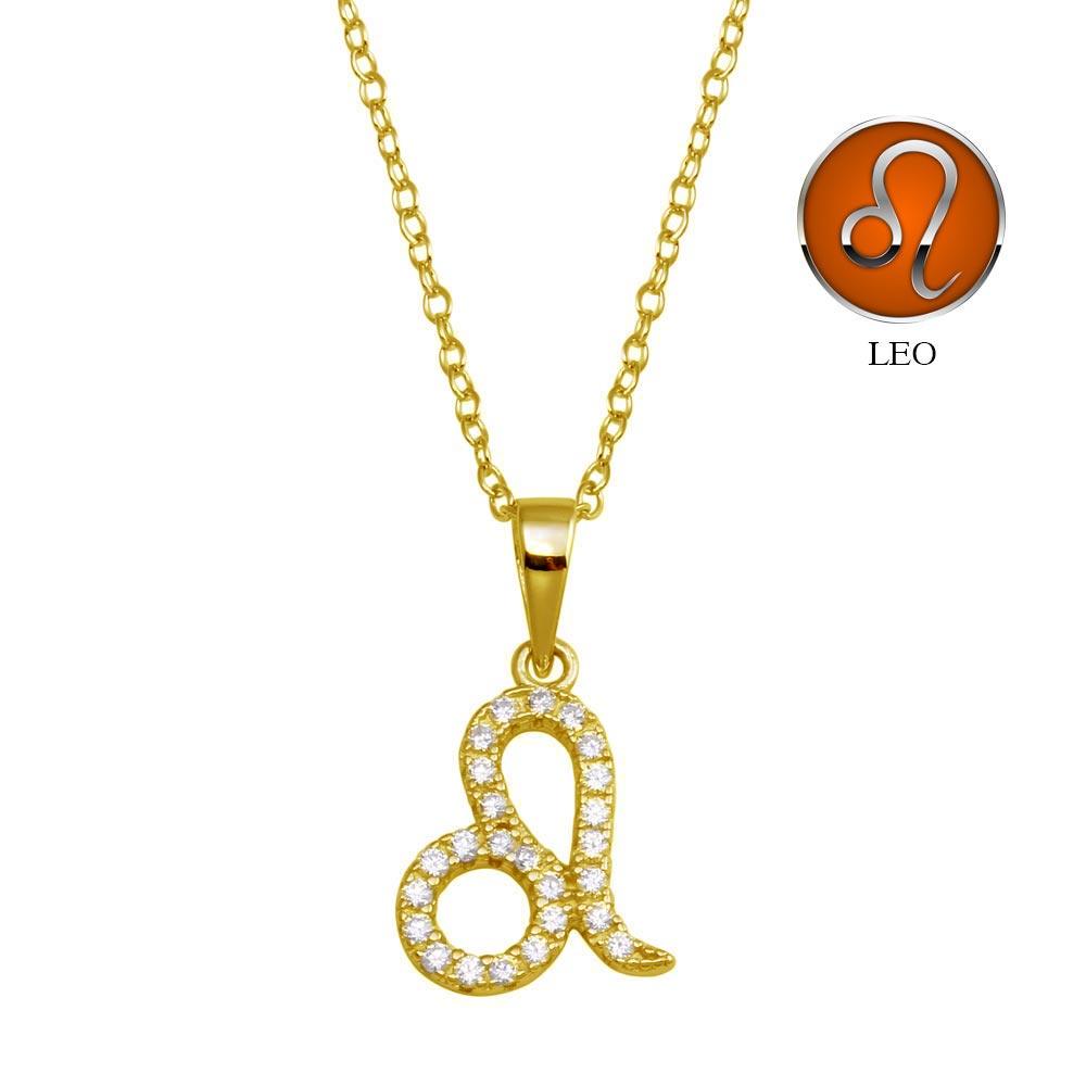 Gold Plated 925 Sterling Silver Leo CZ Zodiac Sign Necklace - BGP01336GP SPI