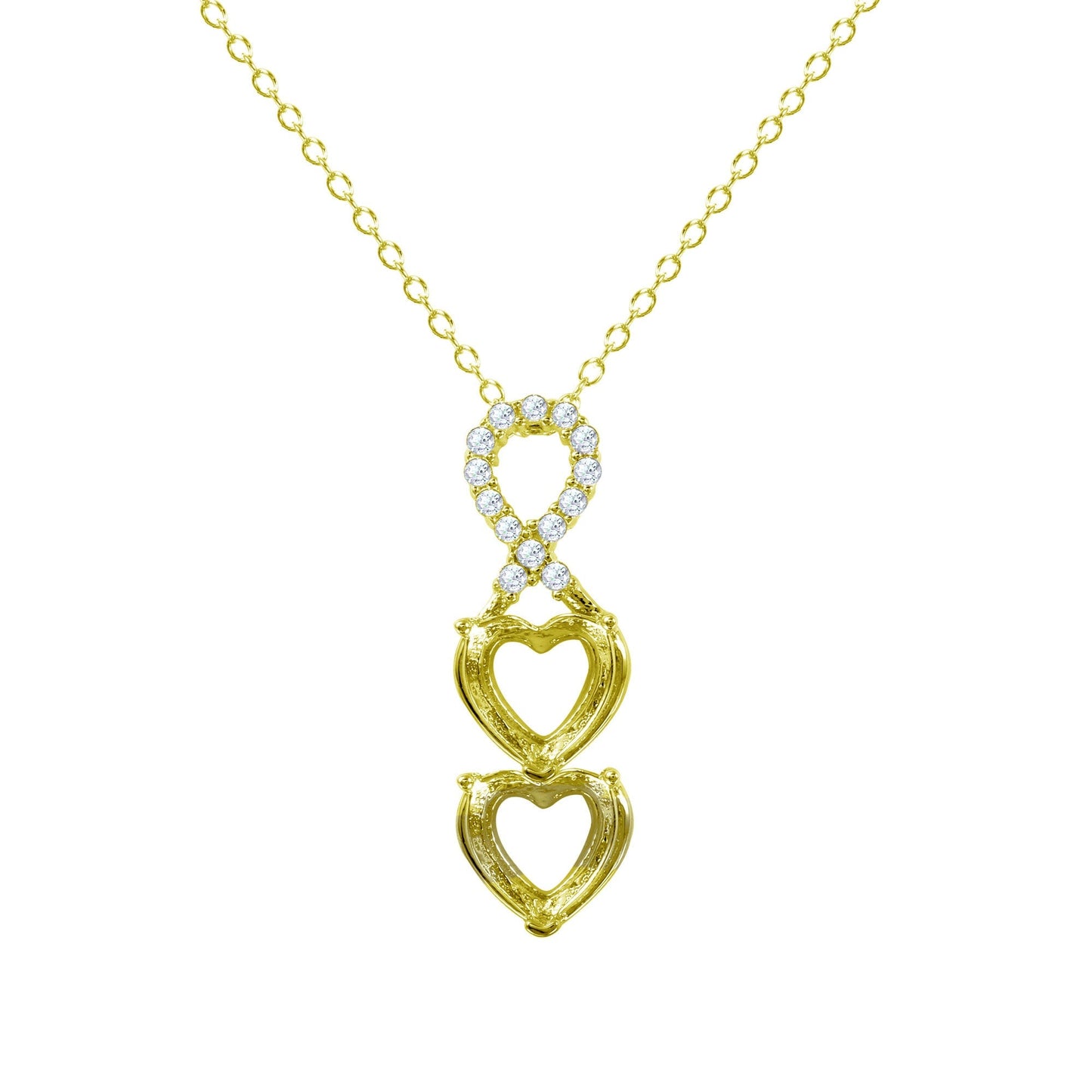 Gold Plated 925 Sterling Silver Personalized Ribbon 2 Hearts Drop Mounting Necklace - BGP01383GP SPI