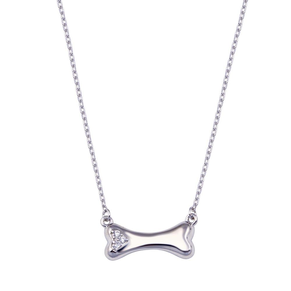 Rhodium Plated 925 Sterling Silver Dog Bone CZ Necklace - BGP01443 SPI