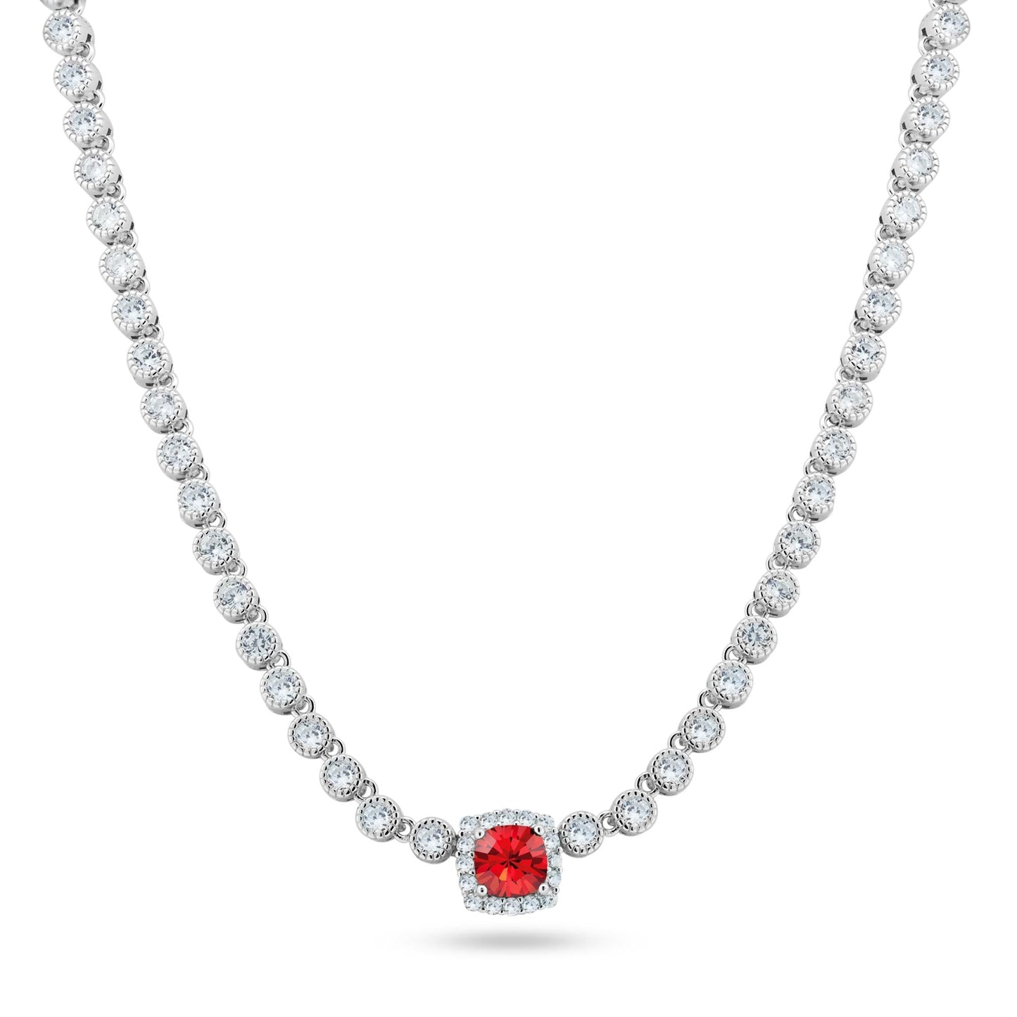 Rhodium Plated 925 Sterling Silver Bubble Tennis CZ Red Center Stone Necklace - BGP01469JAN SPI
