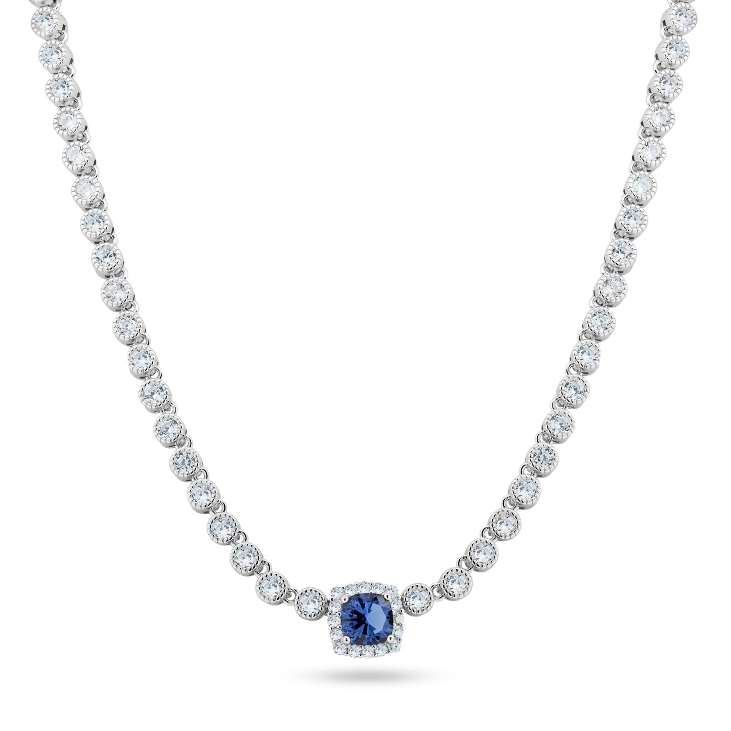 Rhodium Plated 925 Sterling Silver Bubble Tennis CZ Blue Center Stone Necklace - BGP01469BLU SPI