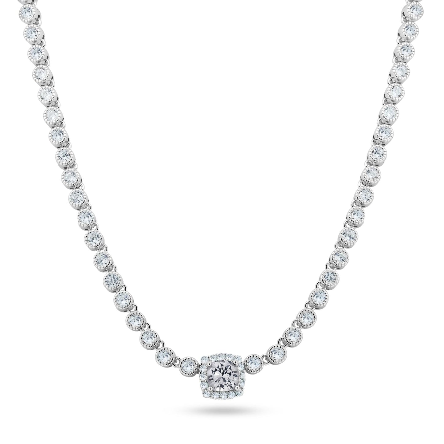Rhodium Plated 925 Sterling Silver Bubble Tennis CZ Clear Center Stone Necklace - BGP01469CLR SPI