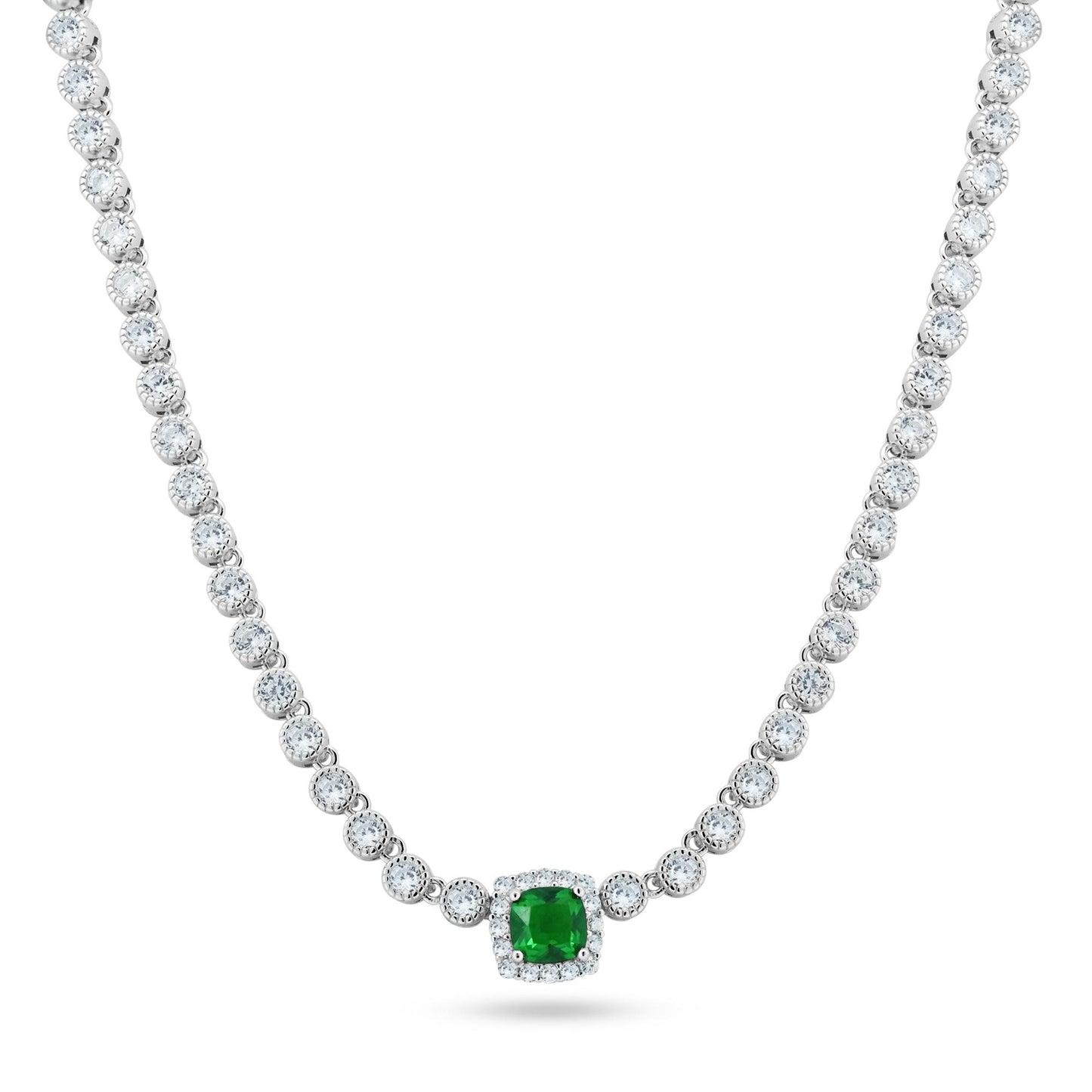 Rhodium Plated 925 Sterling Silver Bubble Tennis CZ Green Center Stone Necklace - BGP01469GRN SPI