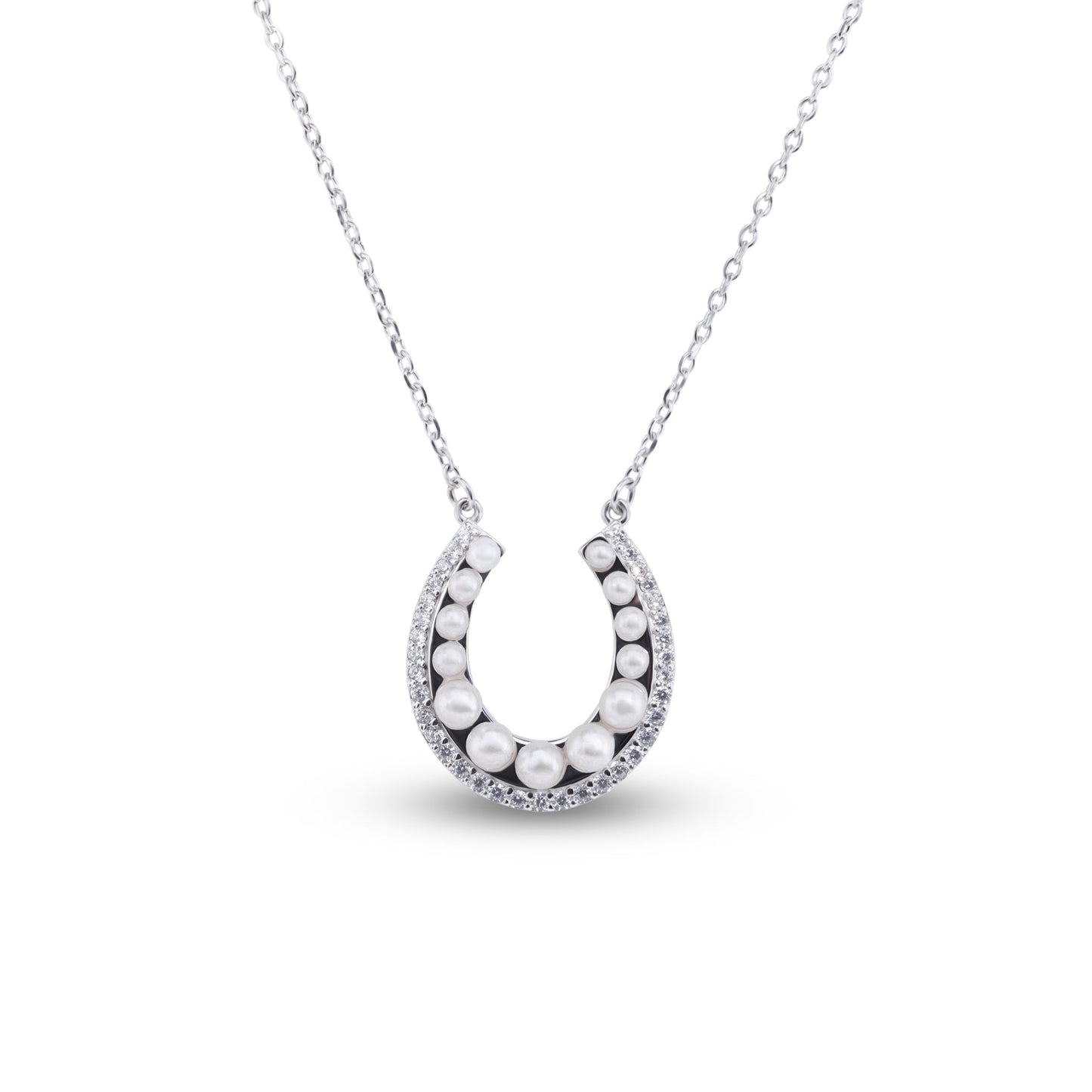 Rhodium Plated 925 Sterling Silver Horseshoe Pearl Clear CZ Necklace - BGP01487 SPI