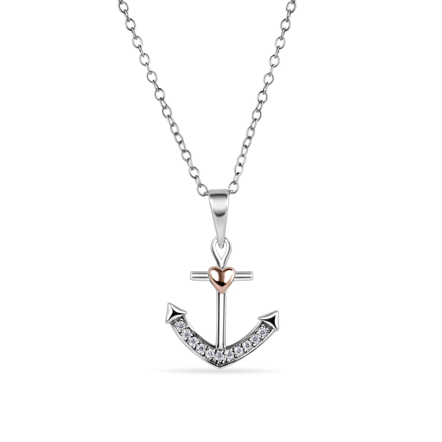 Rhodium Plated and Rose Gold Plated 925 Sterling Silver Anchor and Heart Clear CZ Necklace - BGP01488 Fantastic Jewelry NYC
