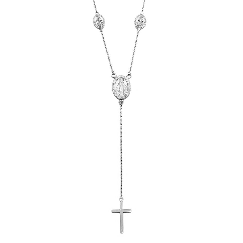 Rhodium Plated 925 Sterling Silver Religious Charms Necklace with Cross Drop - DIN00066RH SPI