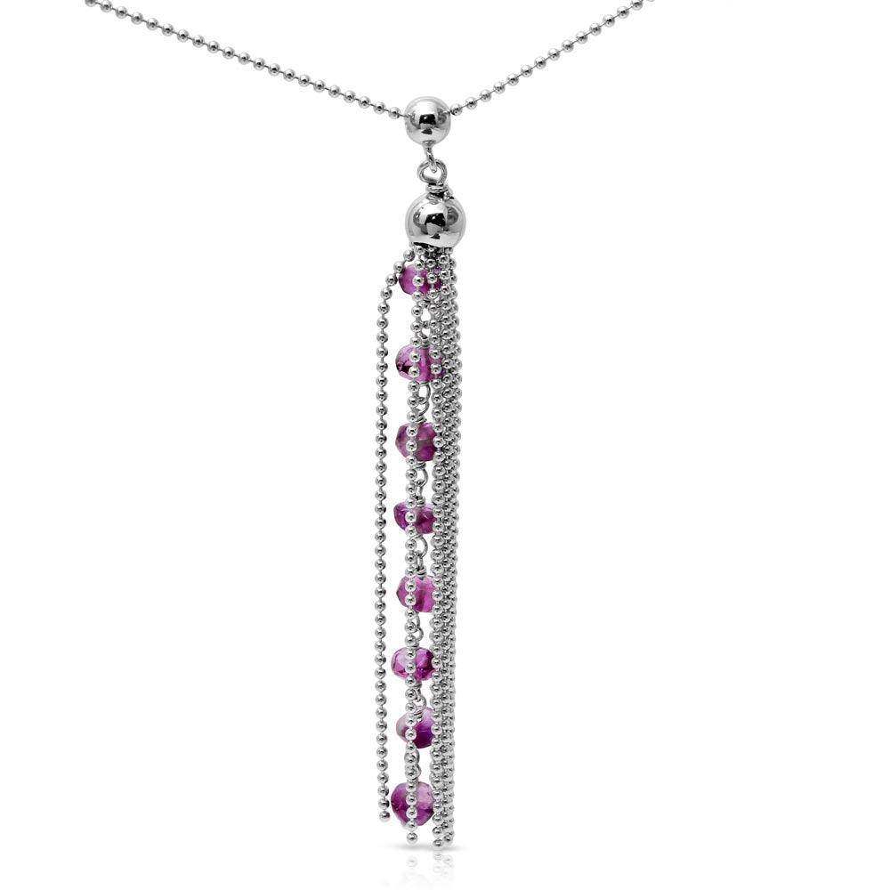 Rhodium Plated 925 Sterling Silver Bead Chain with Dropped Purple Bead Necklace - DIN00068RH-AM SPI