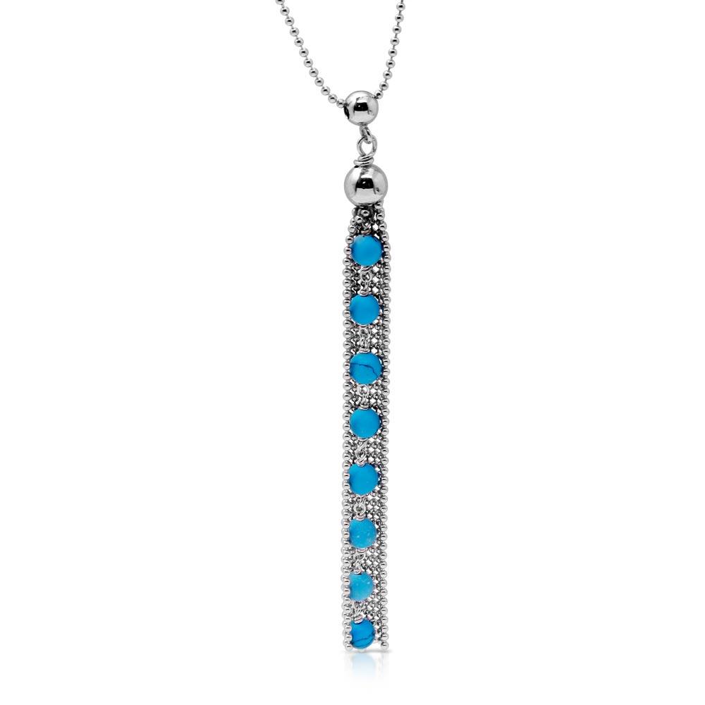 Rhodium Plated 925 Sterling Silver Bead Chain with Dropped Turquoise Bead Necklace - DIN00068RH-TQ SPI