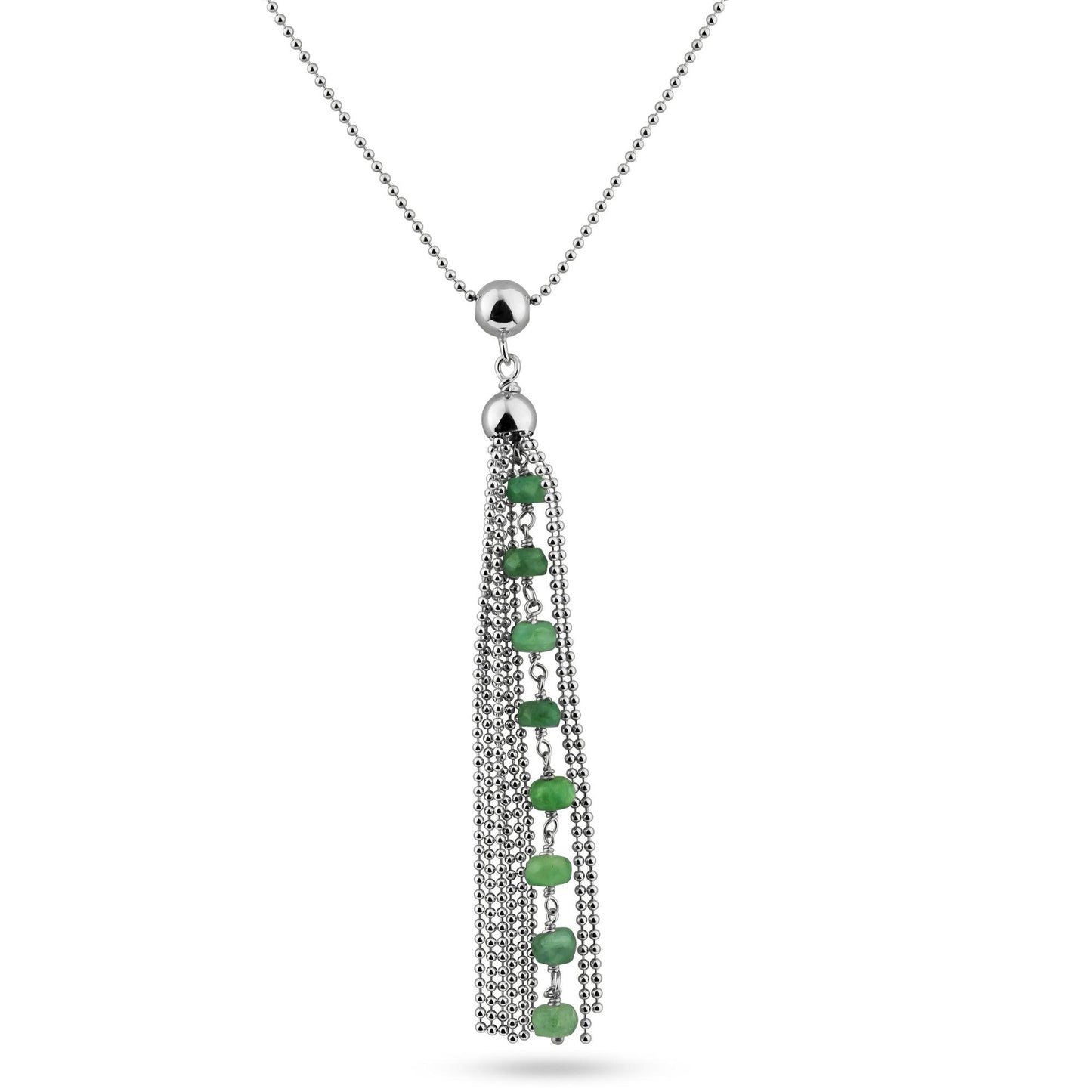 Rhodium Plated 925 Sterling Silver Bead Chain with Dropped Emerald Bead Necklace - DIN00068RH-EM SPI
