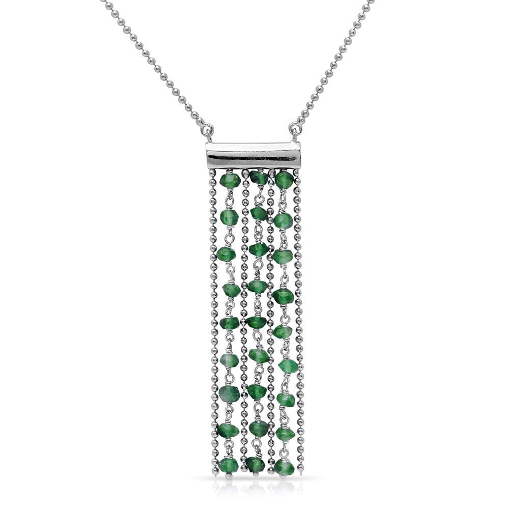Rhodium Plated 925 Sterling Silver Bead Chain Necklace with Dropped Green Beads - DIN00069RH-EM SPI