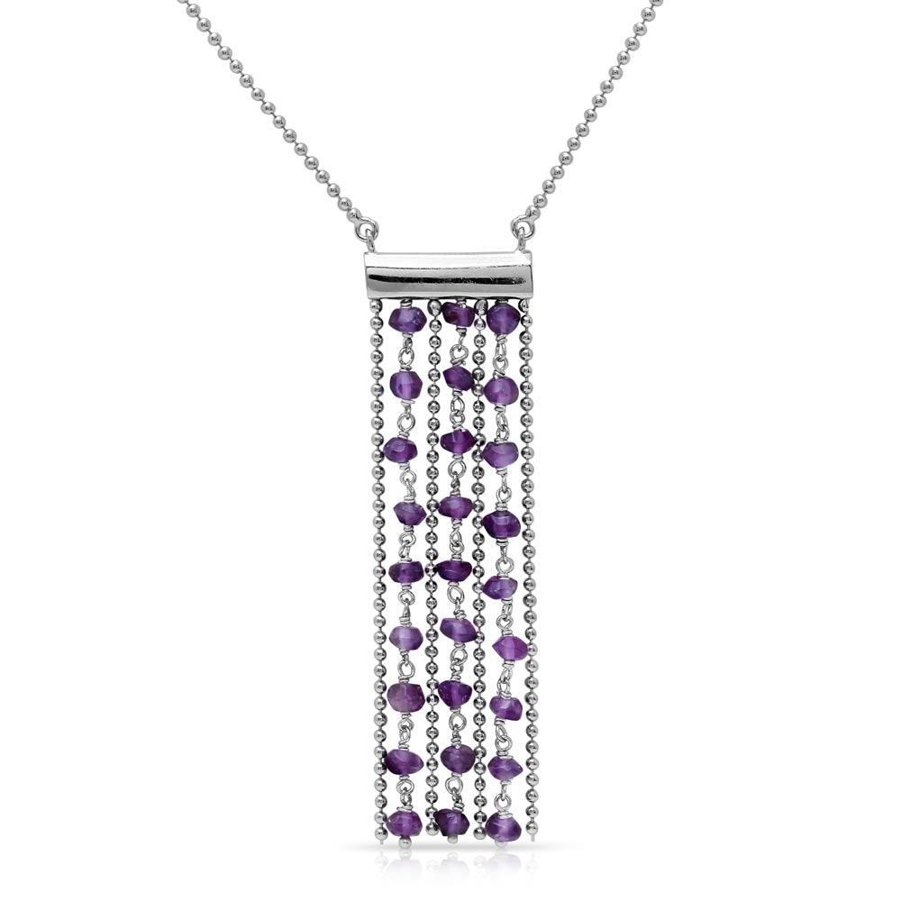 Rhodium Plated 925 Sterling Silver Bead Chain Necklace with Dropped Purple Beads - DIN00069RH-AM SPI