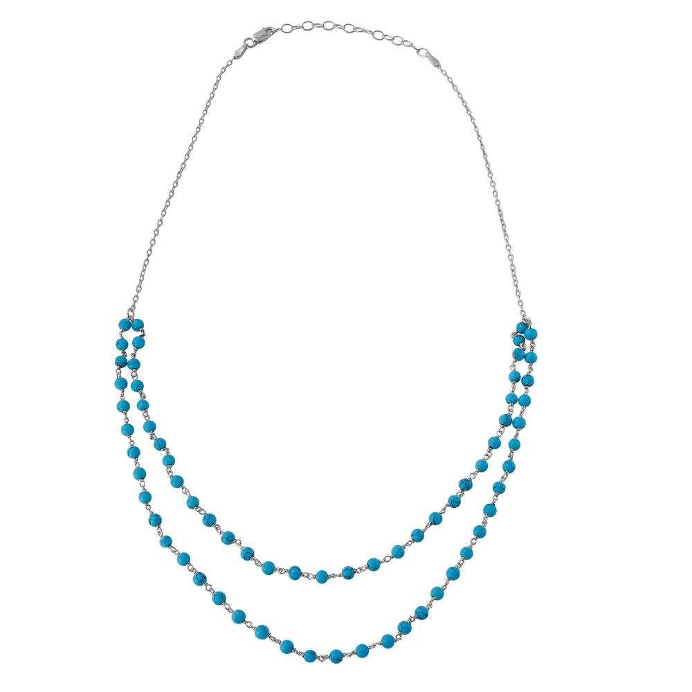 Rhodium Plated 925 Sterling Silver Double Strand Turquoise Bead Necklace - DIN00070RH SPI