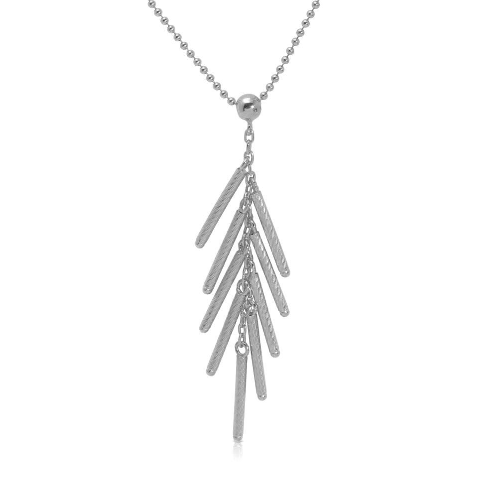 Rhodium Plated 925 Sterling Silver Bead Chain with Dropped Matte Rhodium Plated Bar Necklace - DIN00073RH SPI