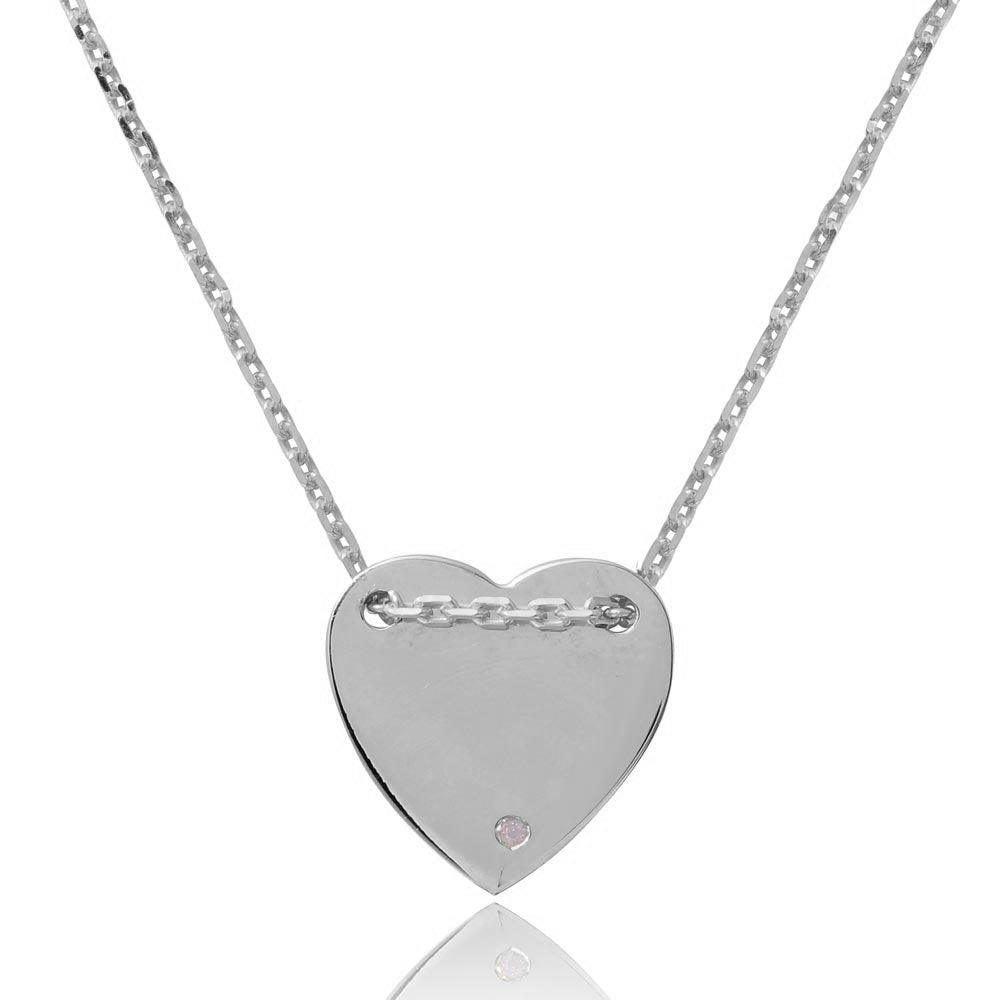 Rhodium Plated 925 Sterling Silver Engravable Heart Shaped Necklace with CZ - DIN00076RH SPI