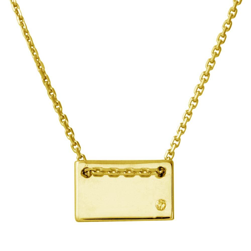 Gold Plated 925 Sterling Silver Engravable Small Rectangle Shaped Necklace with CZ - DIN00077GP SPI