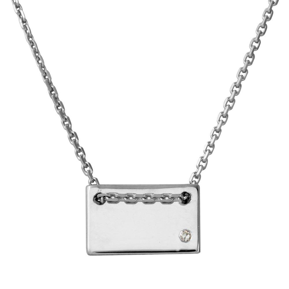 Rhodium Plated 925 Sterling Silver Engravable Small Rectangle Shaped Necklace with CZ - DIN00077RH SPI