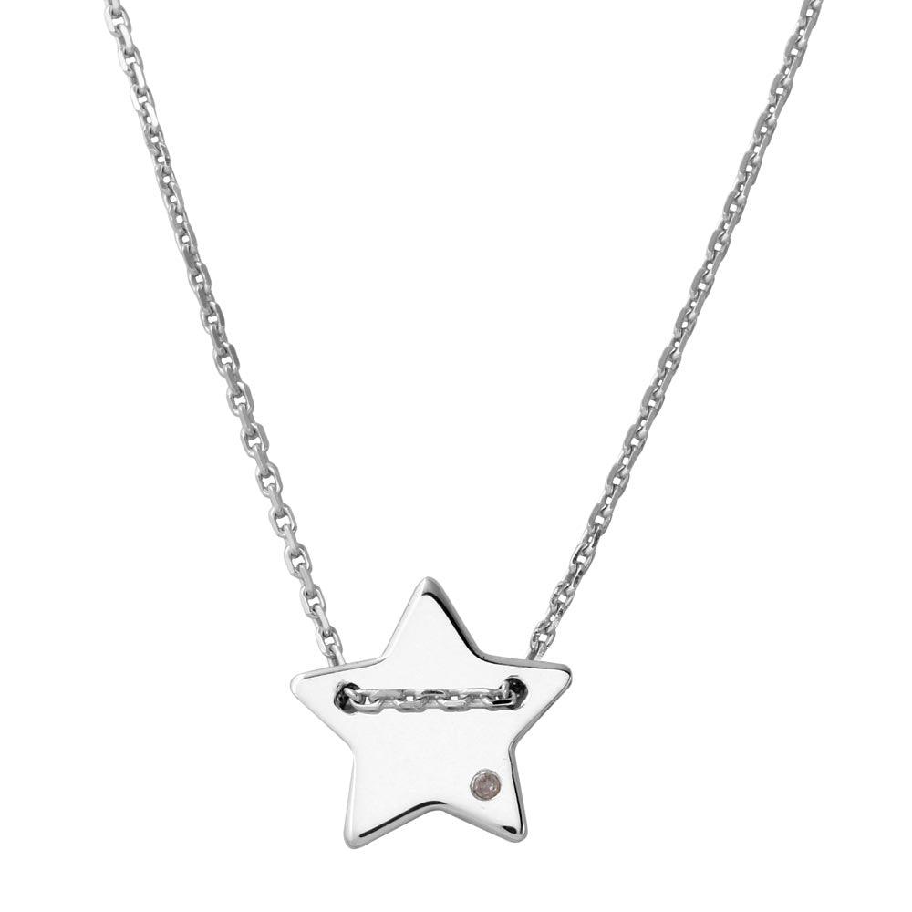 Rhodium Plated 925 Sterling Silver Engravable Star Shaped Necklace with CZ - DIN00079RH SPI