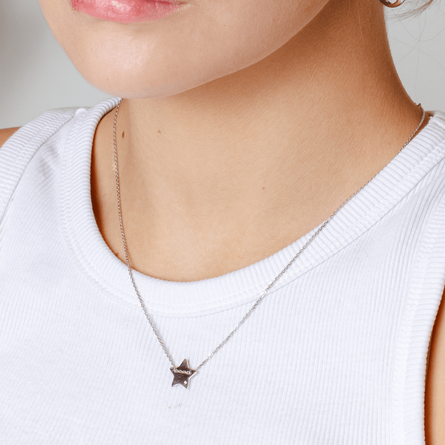 Rhodium Plated 925 Sterling Silver Engravable Star Shaped Necklace with CZ - DIN00079RH SPI