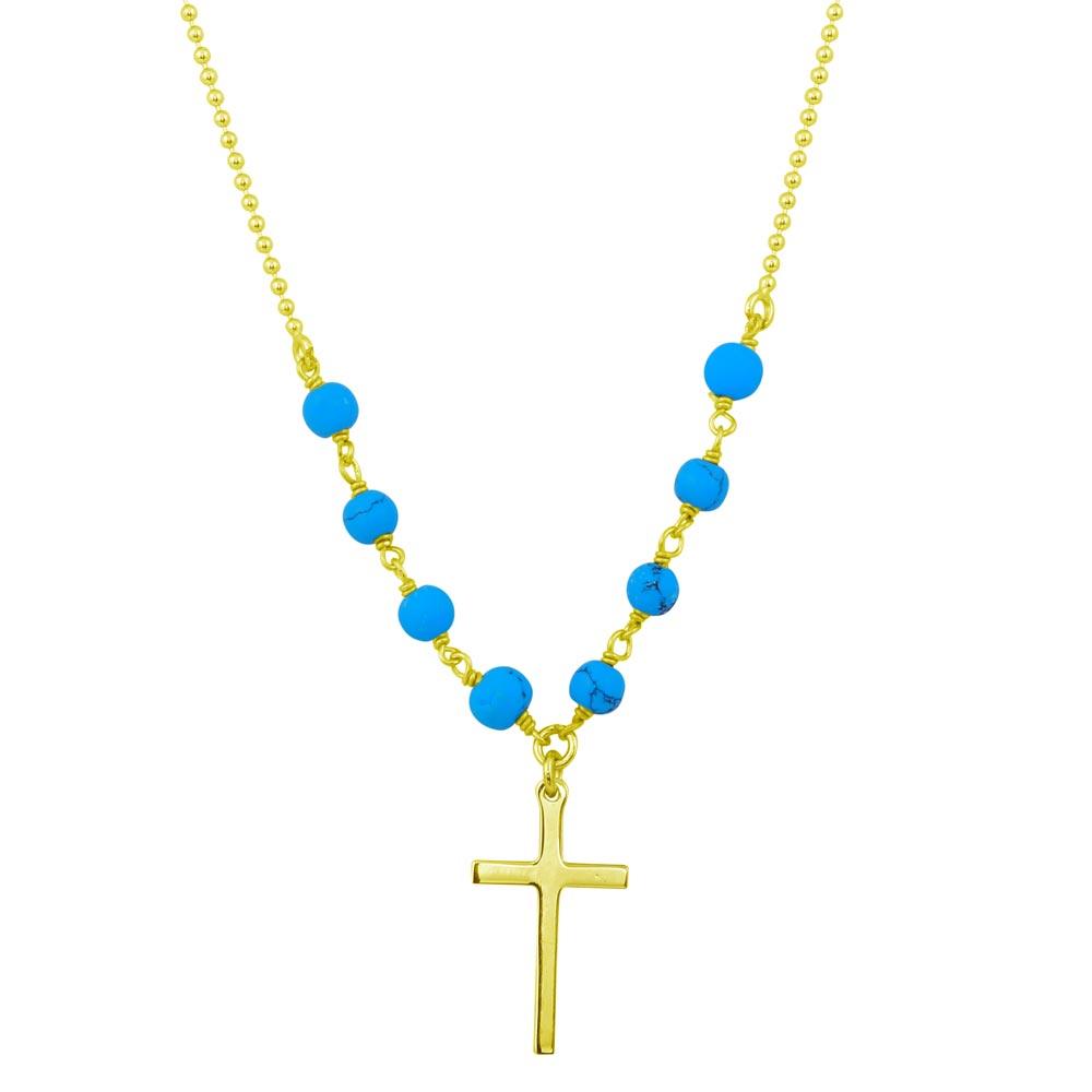 Gold Plated 925 Sterling Silver Small Cross Necklace with Turquoise Beads - DIN00089GP SPI