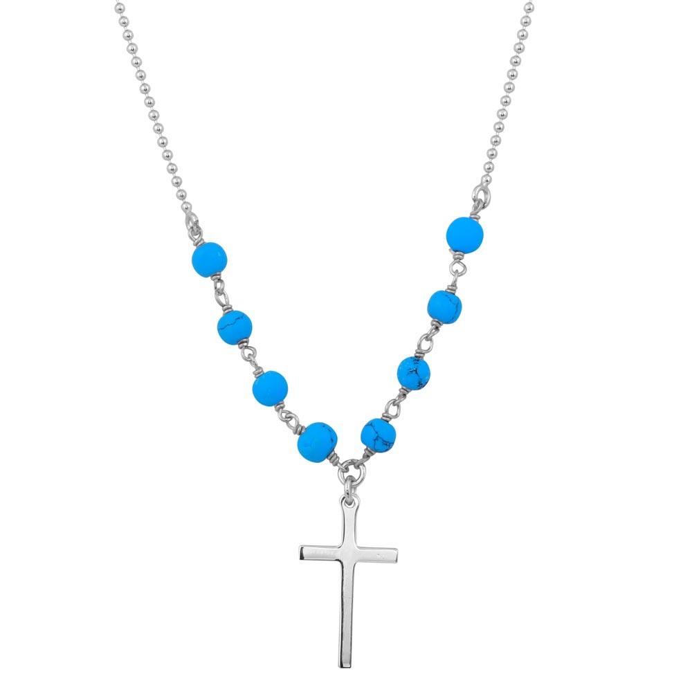 Rhodium Plated 925 Sterling Silver Small Cross Necklace with Turquoise Beads - DIN00089RH SPI