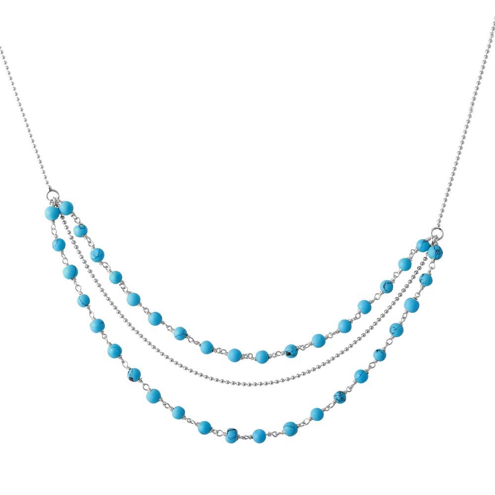Rhodium Plated 925 Sterling Silver Triple Strand Turquoise Bead Necklace - DIN00071RH SPI