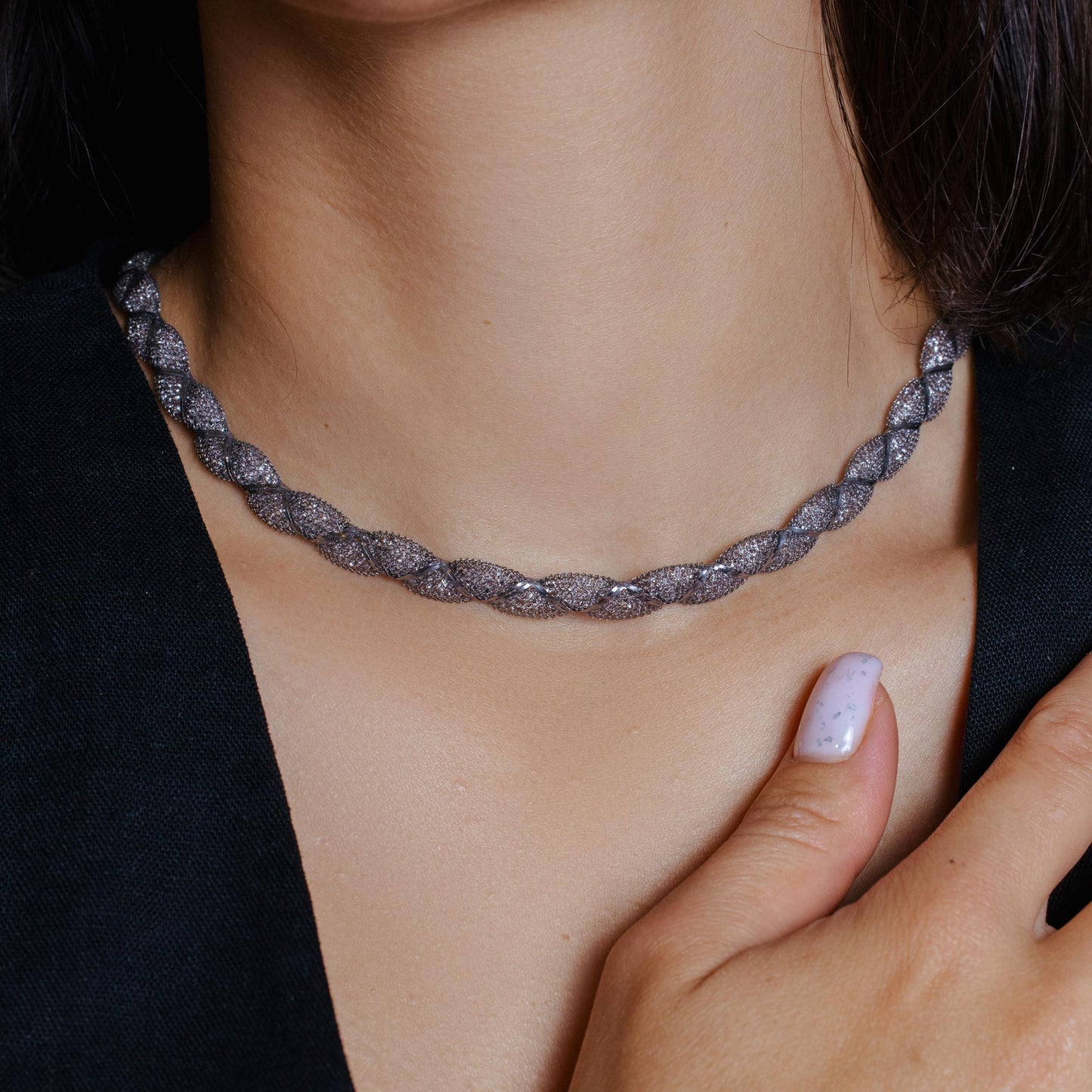 925 Sterling Silver Black Rhodium Plated Mesh Wrap Accent Necklace - ECN00017BL SPI
