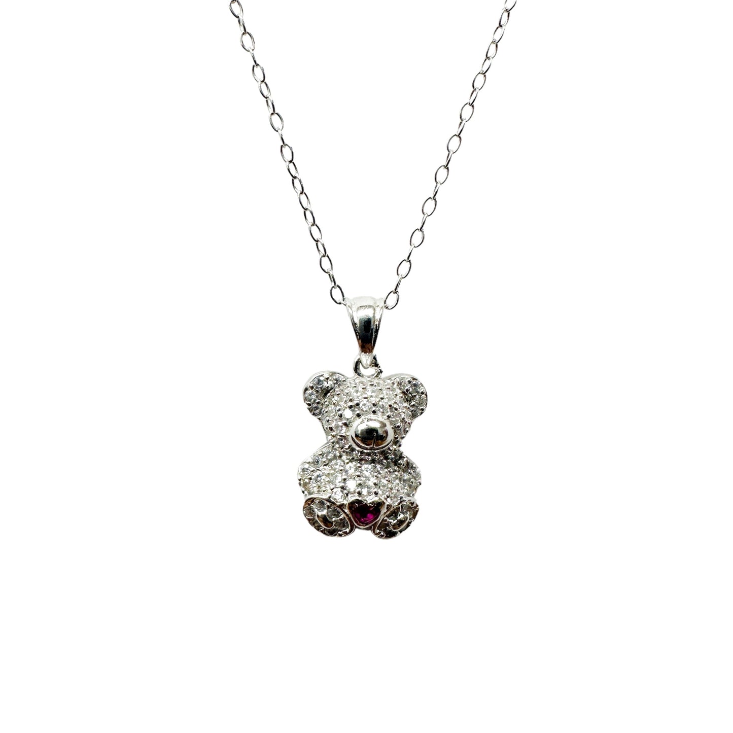 Rhodium Plated 925 Sterling Silver Bear Heart Red and Clear CZ Pendant Necklace - STP01858 SPI