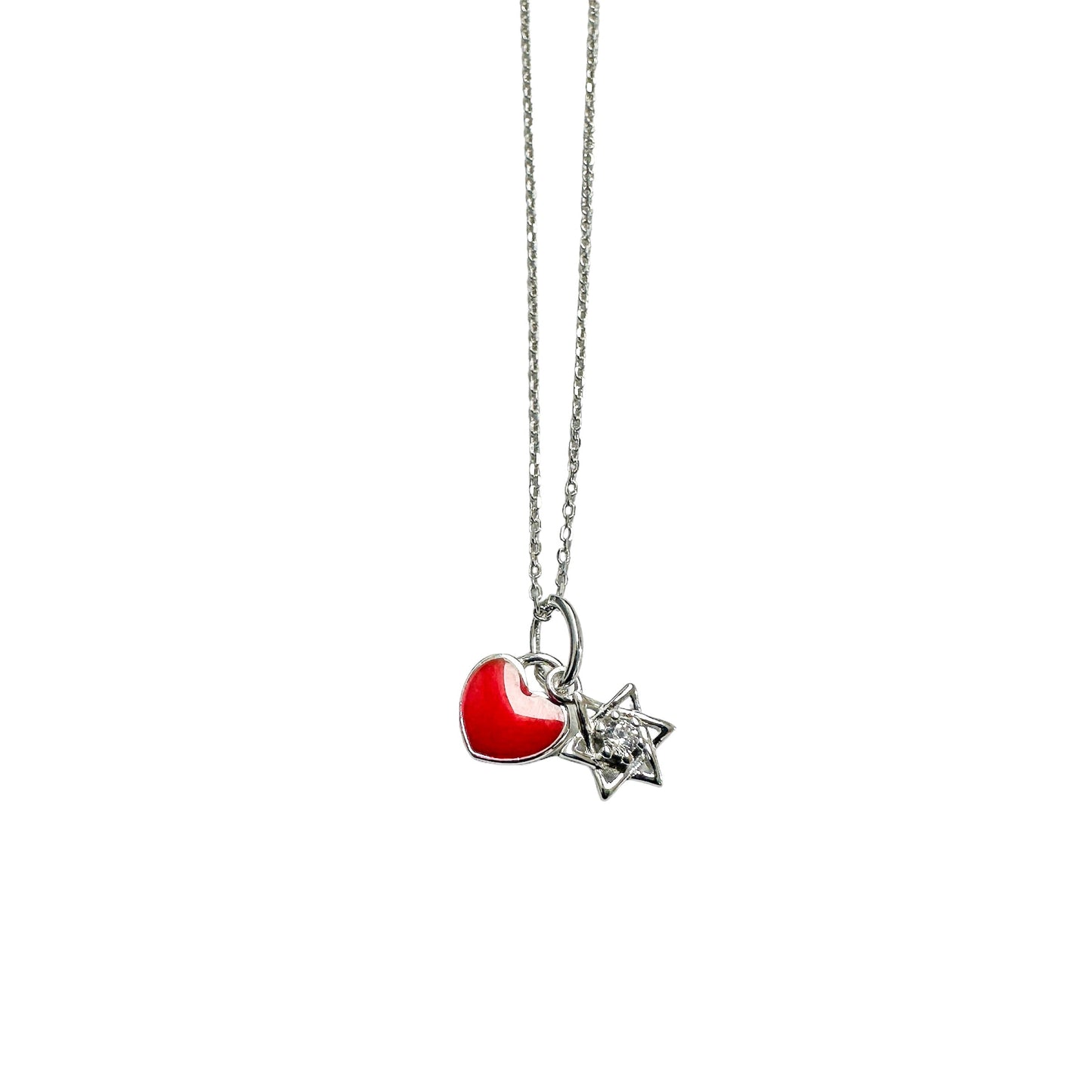Rhodium Plated 925 Sterling Silver Star of David Red Enamel Heart Clear CZ Pendant Necklace - STP01855 SPI
