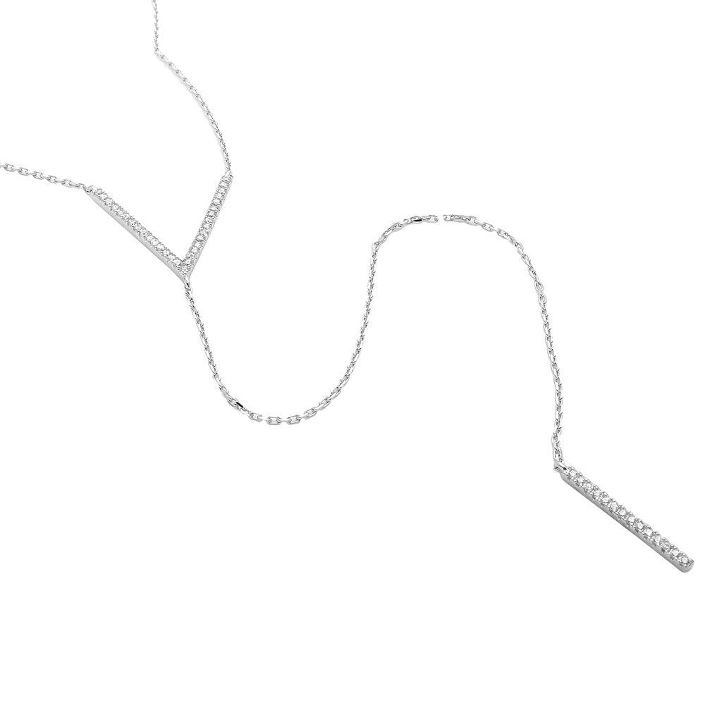 Silver 925 Rhodium Plated V CZ Necklace with Drop CZ Bar - GMN00006RH SPI
