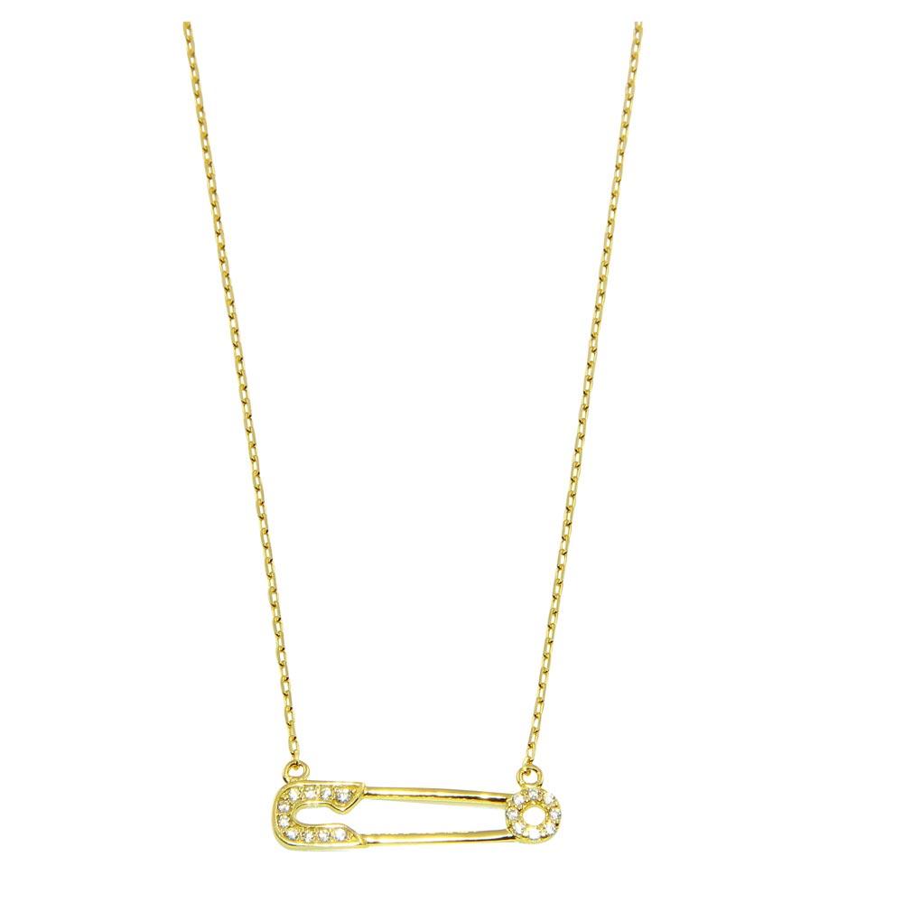 Gold Plated 925 Sterling Silver Small Gold Plated Pin Necklace with CZ - GMN00008GP SPI