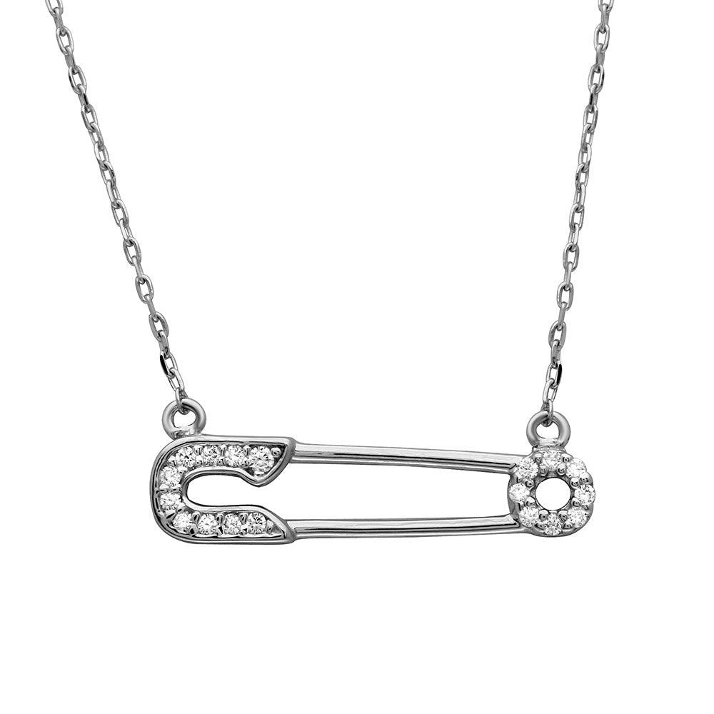 Silver 925 Rhodium Plated CZ Safety Pin Necklace - GMN00008RH SPI
